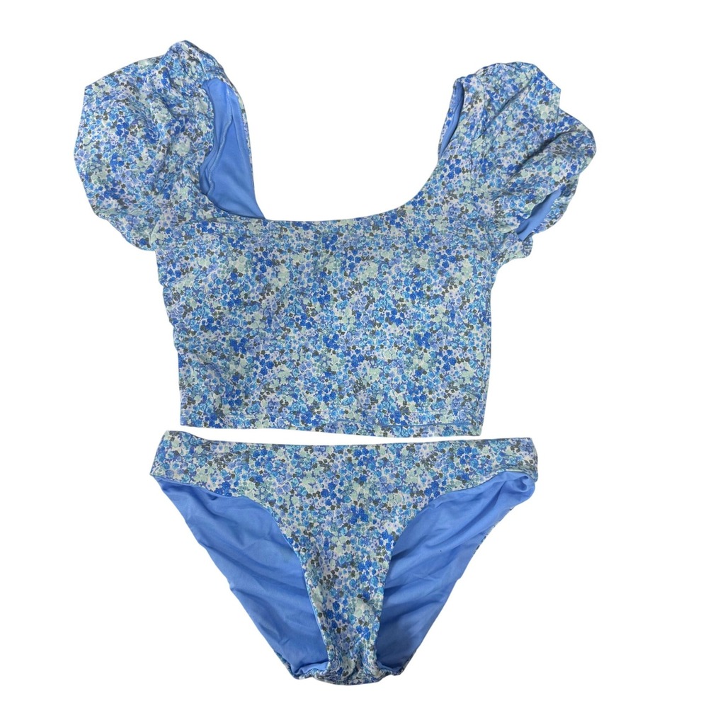 Splendid Blue Floral Puff Sleeve Bikini Set Square Neck Two Piece SP2727352M M